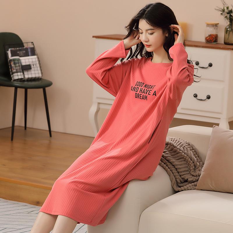 Хлопковое платье с принтом, женская пижама, корейская осенняя ночная рубашка миди с круглым вырезом и длинными рукавами, домашняя одежда, повседневная шикарная одежда