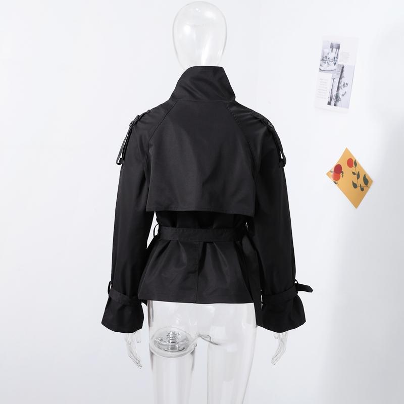 Короткий тренч на шнуровке со стойкой воротником, женский, с длинным рукавом, двубортный, тонкий приталенный жакет, ветровка для通勤, осенняя верхняя одежда 2025