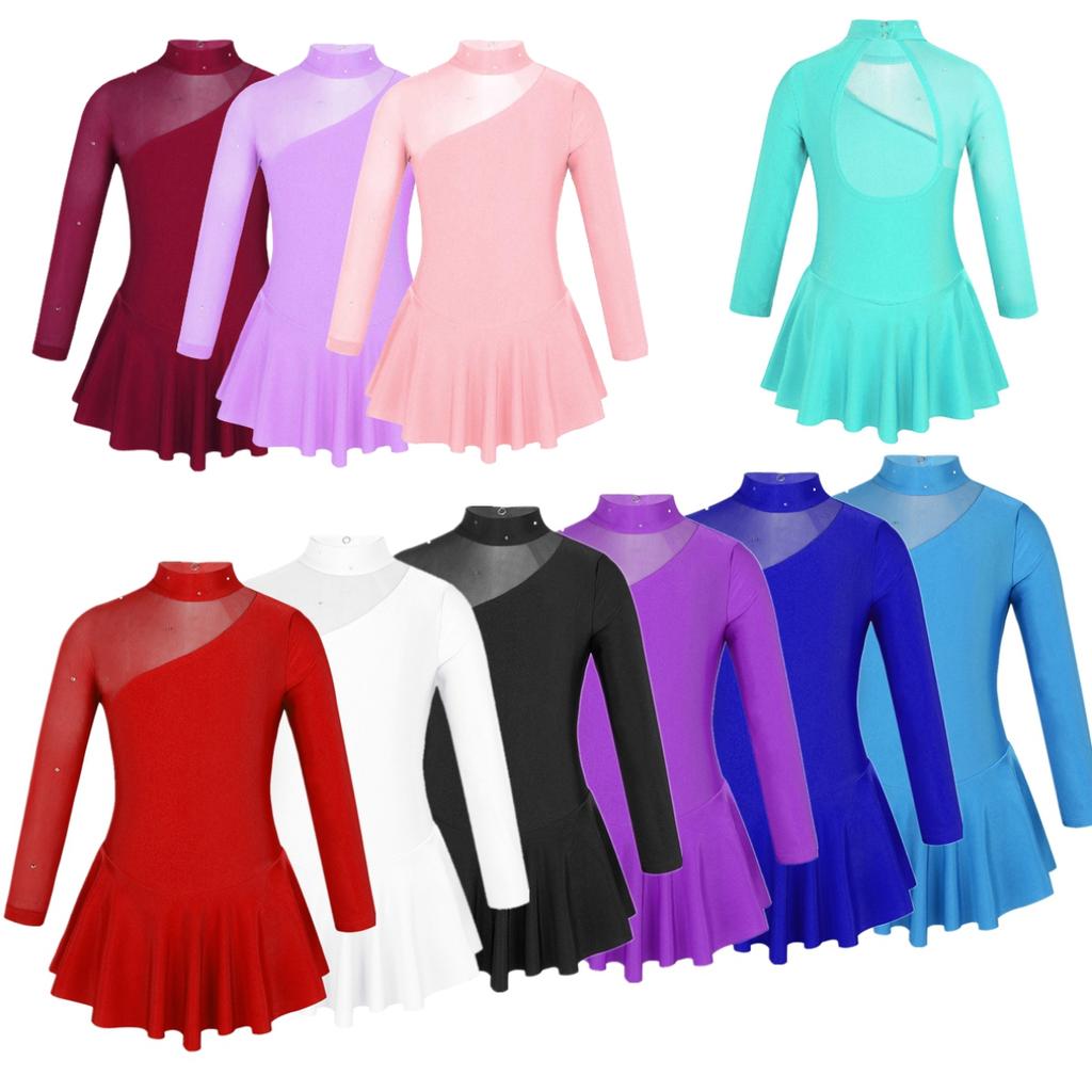 Children Figure Skating Dress Long Sleeves Mock Neck Ice Skating Gymnastics Competition Costume