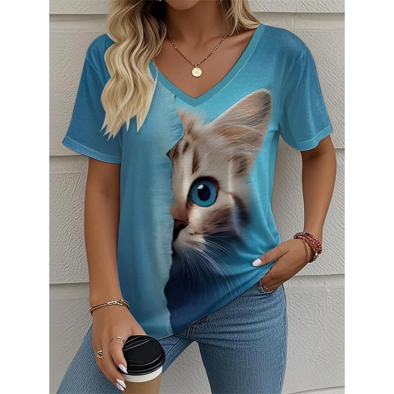 2025 Новая футболка с V-образным вырезом для женщин с кошкой, Летняя уличная мода, Топы с коротким рукавом, Принты с животными, Одежда для женщин размера оверсайз