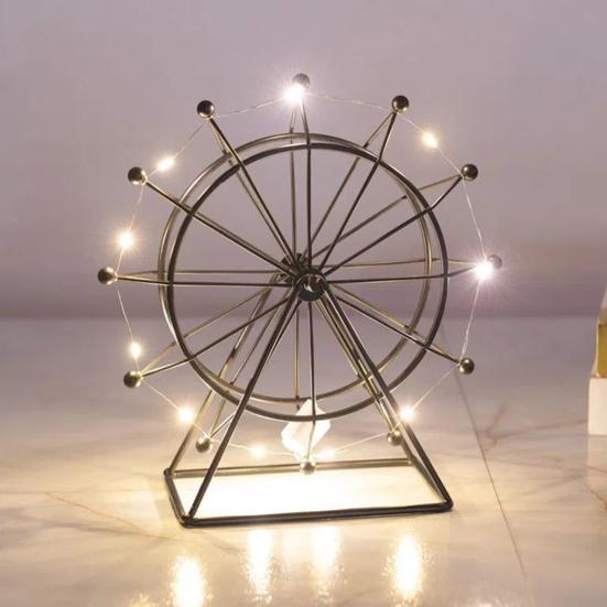 Sky Wheel Ornament with LED Light Rotatable Iron Wire Ferris Wheel Model Metal Figurine Home Office Desktop Decoration