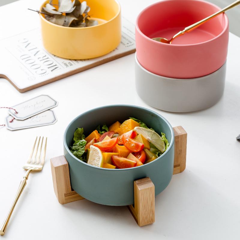 Ceramic Salad & Noodle Bowl Set with Wooden Stand - Black