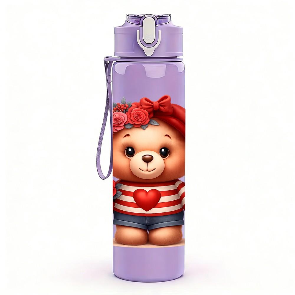 1PC Valentine Teddy Bear 750ml Color Plastic Sports Water Bottle Leakproof Flip Straw Lid Suitable for Sports Office Home Use