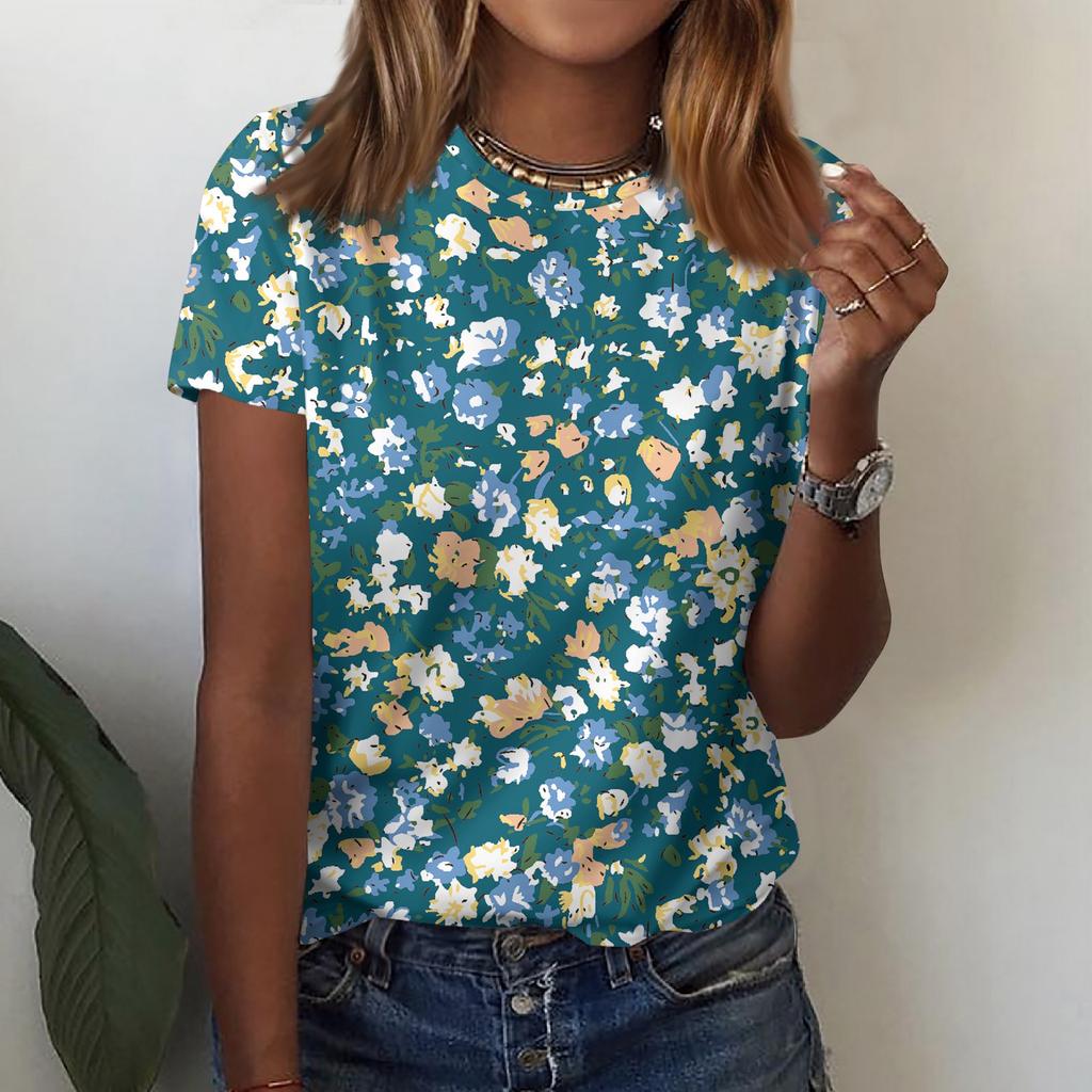 Женская футболка с короткими рукавами и круглым вырезом, модная футболка с цветочным принтом, повседневный топ, топ с короткими рукавами длиной до плеч