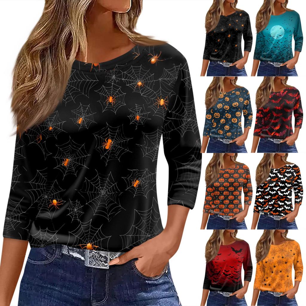 Women's T Shirt Halloween Print 3/4 Sleeve Daily Fashion Basic Round Neck Regular Top