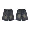 Men's Retro Distressed Hand-Painted Spider Denim Shorts - Loose Fit, Blue, Summer Straight-Leg Style