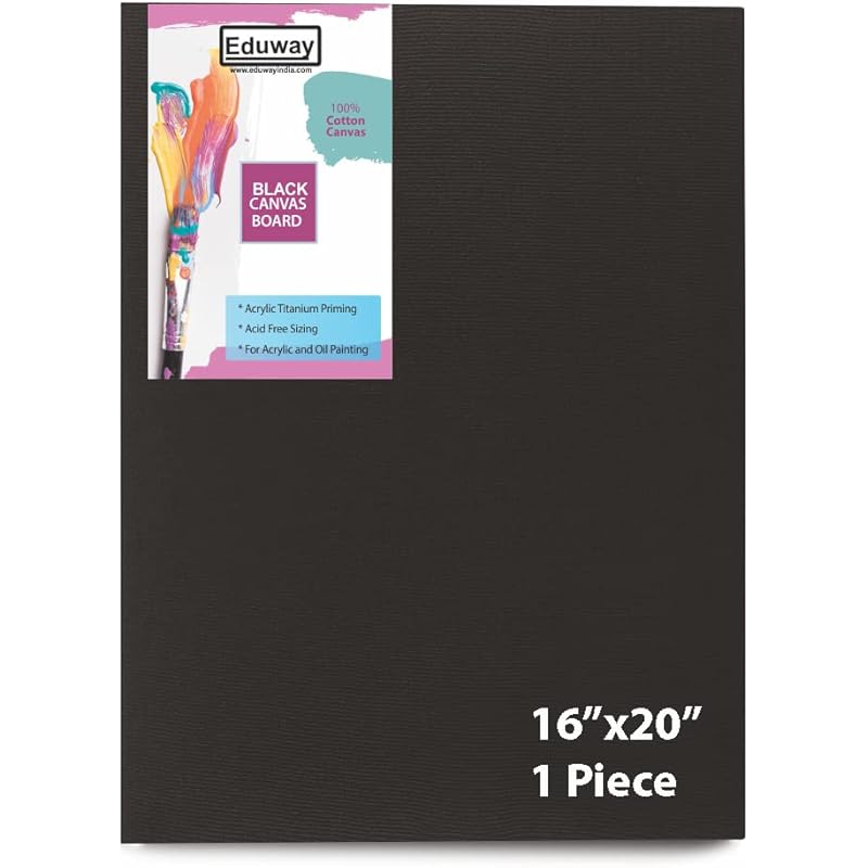Eduway Medium Grain 16X20 Inch Cotton Black Canvas Board- Pack Of 1, (40X50 Cms) With 4Mm Mdf Board Backing, For Paintin