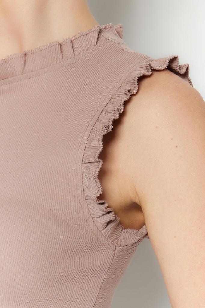 Women's Style Dress Mink Ruffle Detailed Ribbed Bodycone Fitted Midi Smart Flexible Knitted Pencil Dress