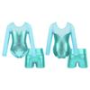 Kids Girls Long Sleeve Round Neck Sparkly Rhinestones Decor Leotard with Shorts for Dance Gymnastic Workout