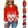 Женская свободная модная рождественская футболка с принтом, сексуальная футболка без бретелек с длинным рукавом и подвесным воротником