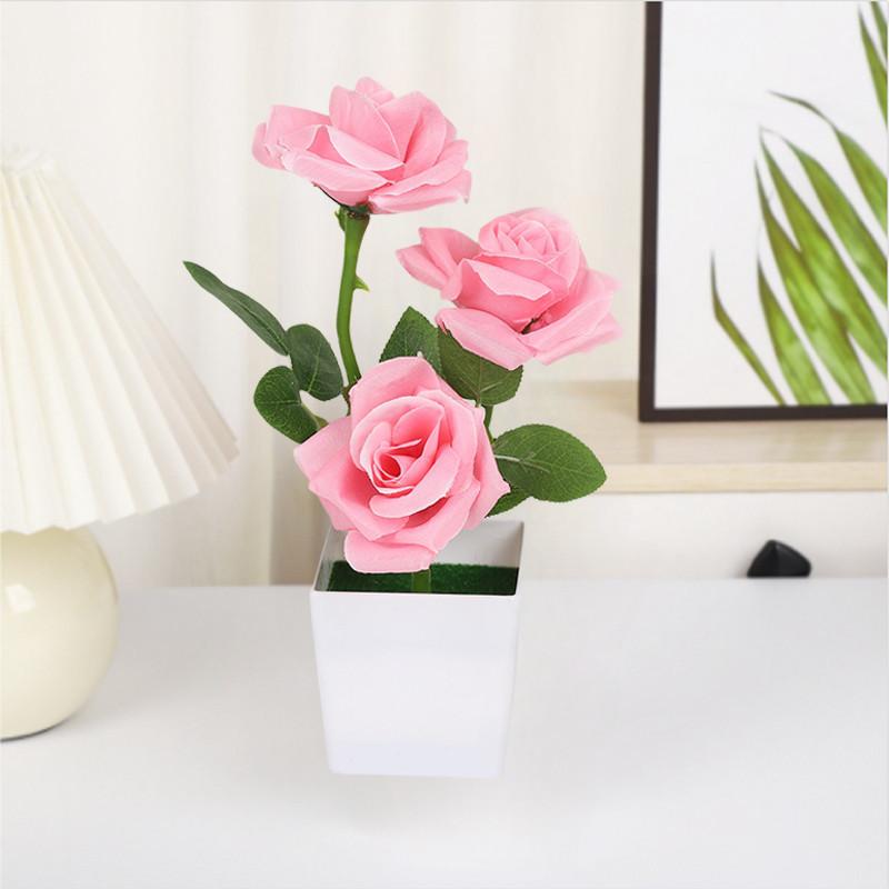 3 Head Artificial Rose Flower Bonsai Fake Plants Plastic Potted Plant Home Desktop Artificial Decor Living Room Ornament
