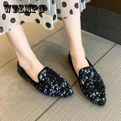 Женские весенне-летние туфли с острым носком, осенние повседневные универсальные туфли на низком каблуке, большие размеры, вечерние туфли с мягкой подошвой и блестками