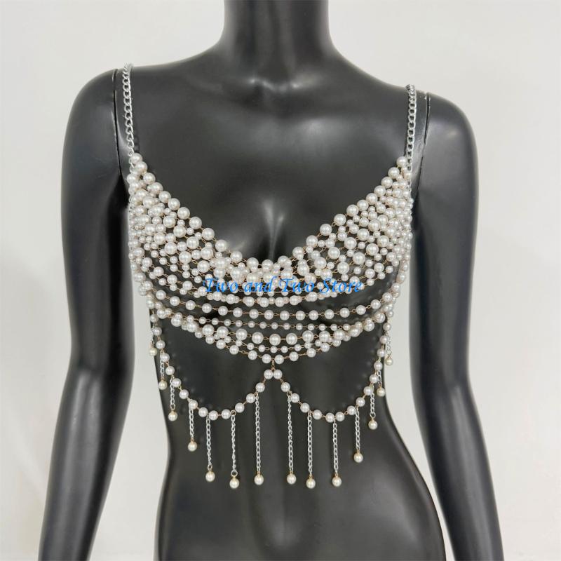 HX6F Multi Layer Plastic Pearls Chest Jewelry Adjustable Handcrafted Layered Body Chain For Casual Outfits And Event