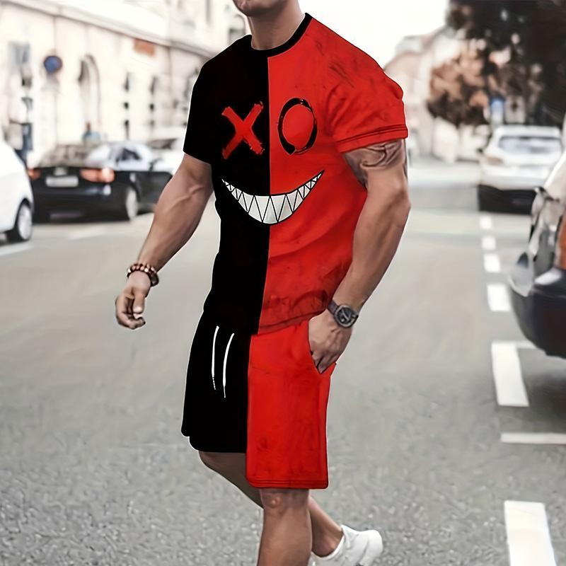 Мужской костюм, летний повседневный дышащий освежающий костюм с принтом 3D Evil Face, большой мужской свободный топ, модный с короткими рукавами