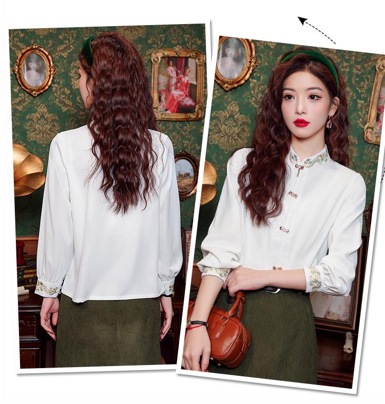 Women's Stand-Up Collar Shirt with Chinese Embroidery, Zen Style Long-Sleeve Top for Spring and Autumn.