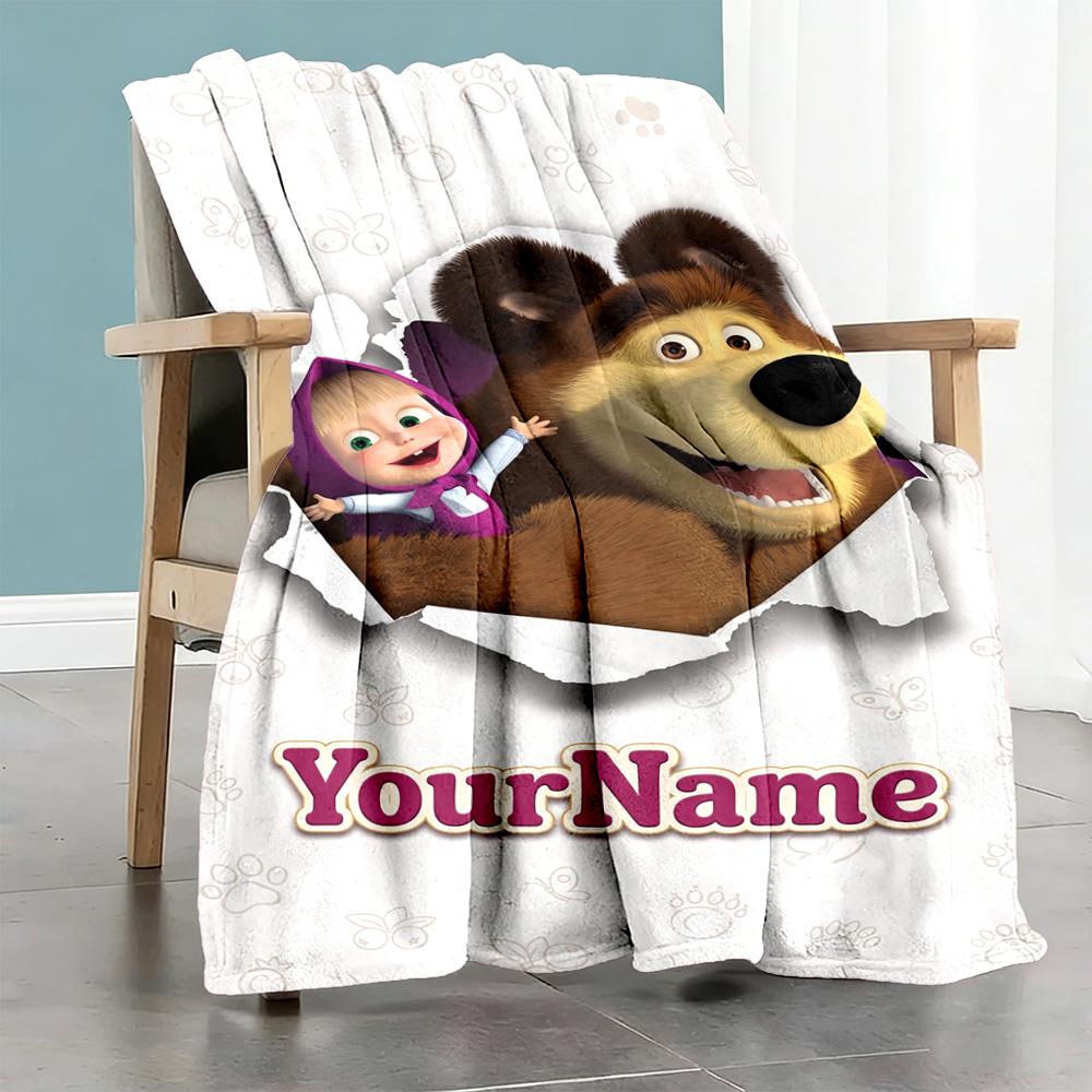 Masha Bear Customize Your Name Blanket Cozy Customizable Blanket Warmthful Decor for Bed Bedding Livingroom Sofa All-Season Use
