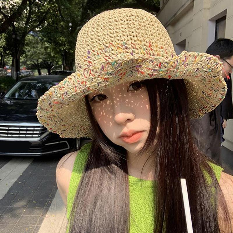 Women Summer Handwoven Rainbow Straw Hat Korean Fashion Wide Brim Breathable Cap for Beach Travel Sun Coverage