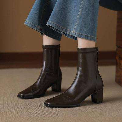 Осень и Зима Ботильоны Мартин на Высоком Каблуке Однотонные Универсальные Массивный Каблук Женские Ботинки Квадратный Носок Большой Размер Кожаные Ботинки Новая Резиновая Подошва Средние