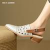 2024 Летняя женская обувь из натуральной кожи для женщин, женские сандалии с острым носком и толстым каблуком, ретро-обувь с закрытым носком и ремешком на щиколотке