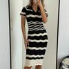 Short Sleeves Striped Long Dress Lapel Neck Hollow Out Slim Bodycon Sundress Fashion Hotsweet Knitted Beach Midi Dress