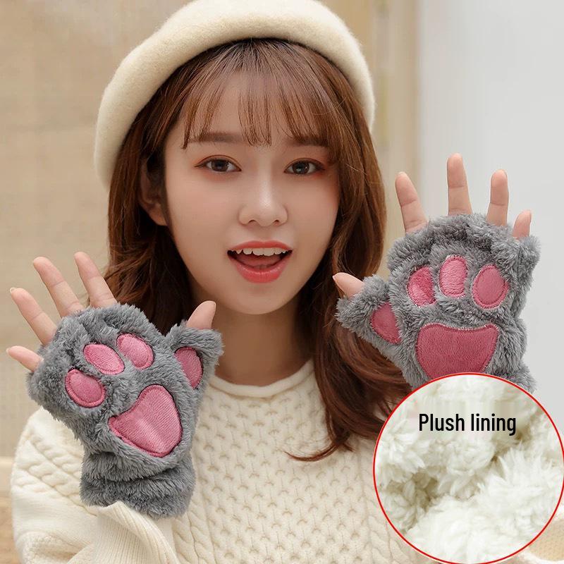 Плюшевые перчатки-лапы медвежонка: Мягкие, теплые и милые перчатки без пальцев для женщин и студентов.