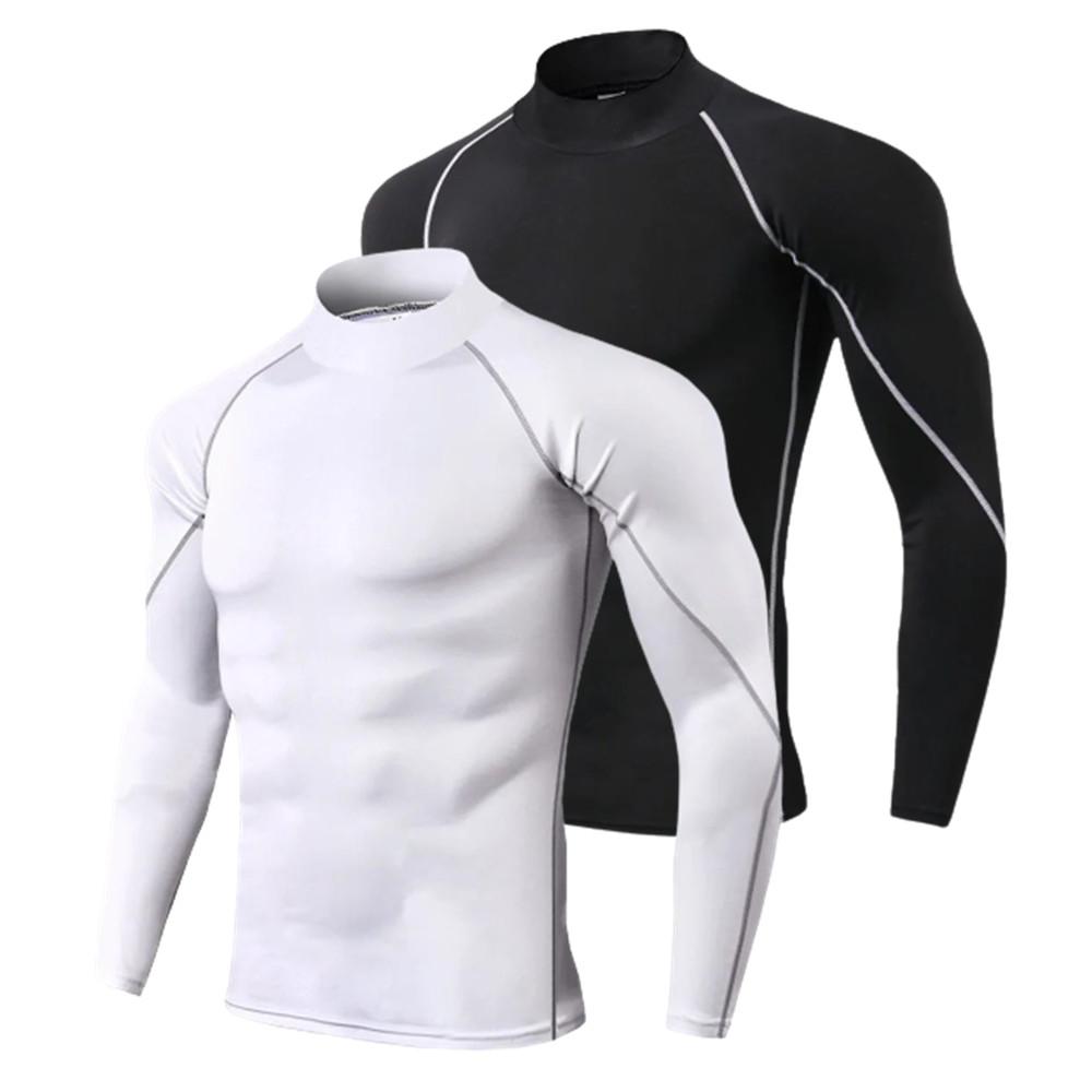 Мужские спортивные футболки с высоким воротником и длинными рукавами, узкая одежда для фитнеса, быстросохнущие велосипедные колготки для занятий йогой и бегом, топ