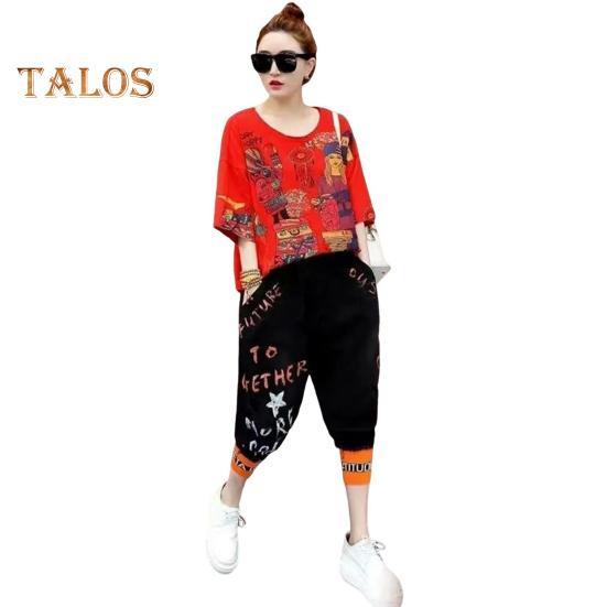Женская футболка, комплект из 2 шт./компл., комплект брюк в стиле хип-хоп с принтом и V-образным вырезом, топ с короткими рукавами, укороченные брюки с ремешками на щиколотке, уличная одежда, дорожная повседневная одежда