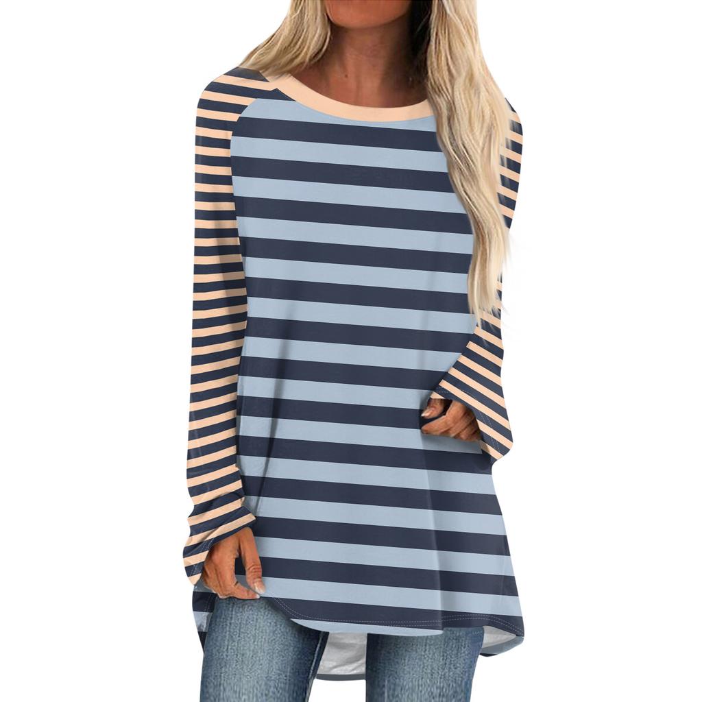 Женская мода повседневная спущенная линия плеча с длинным рукавом миди полосатый принт топ