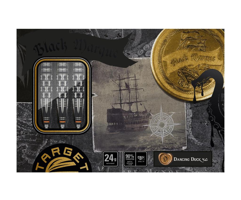 Target Japan Black Marque Dancing Duck G4 Tungsten Swiss Point Steel Tip Dart 24G Swiss Nano Black Flights and Shafts Mark Dancing Duck 90% K-Flex