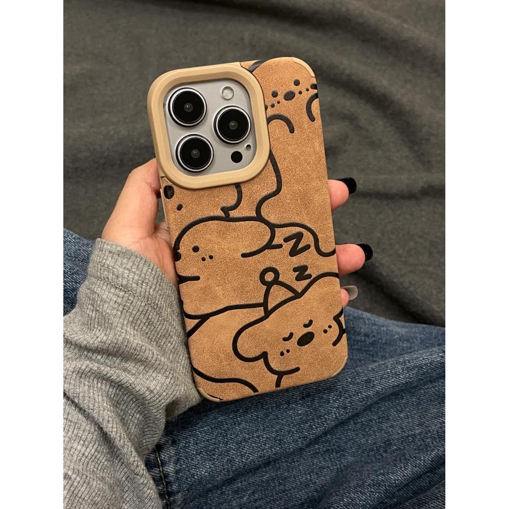 Line Puppy Bear for Apple 16 ProMax Phone Case for IPhone 15 Brown 14 Leather 13 Matte 12