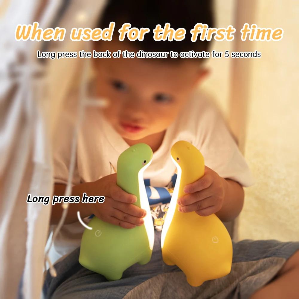 Dinosaur Night Light for Kids - USB Rechargeable LED Nursery Lamp with 3 Colors, Cute Cartoon Bedside Feeding Light & Sleep Aid