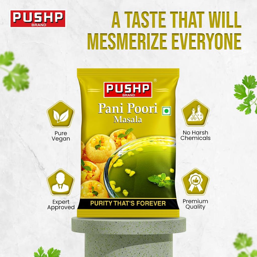 Pushp Panipuri Masala Tangy Spicy Mint Tamarind Spice Mix for Authentic Indian Street Style Pani Puri 100g Pack of 5