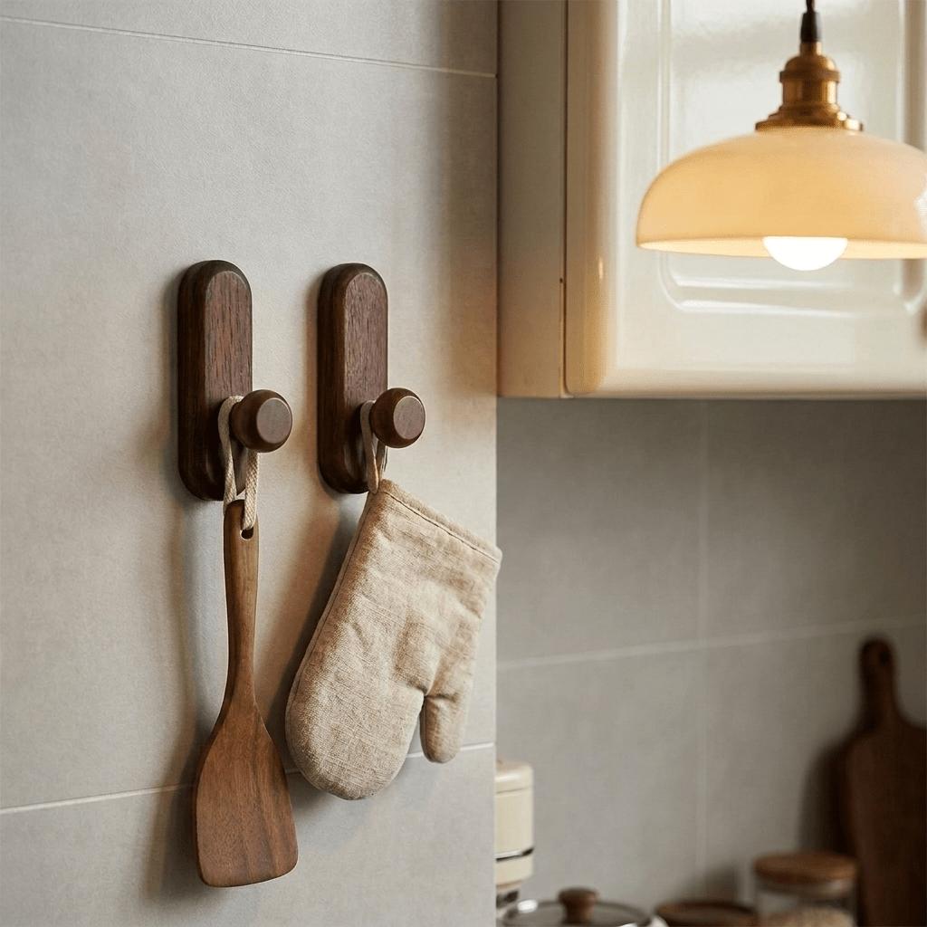 1/2‑Pcs Walnut Wood No‑Drill Hooks, Wall‑Mount Hanger for Coats, Hats, Keys, Kitchen Tools, Entryway Storage