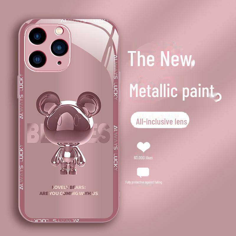 Металлический чехол с изображением медведя из мультфильма Liquid Shell для Apple 13/13 Mini/14 Pro Max/11 Pro/X Premium Glass