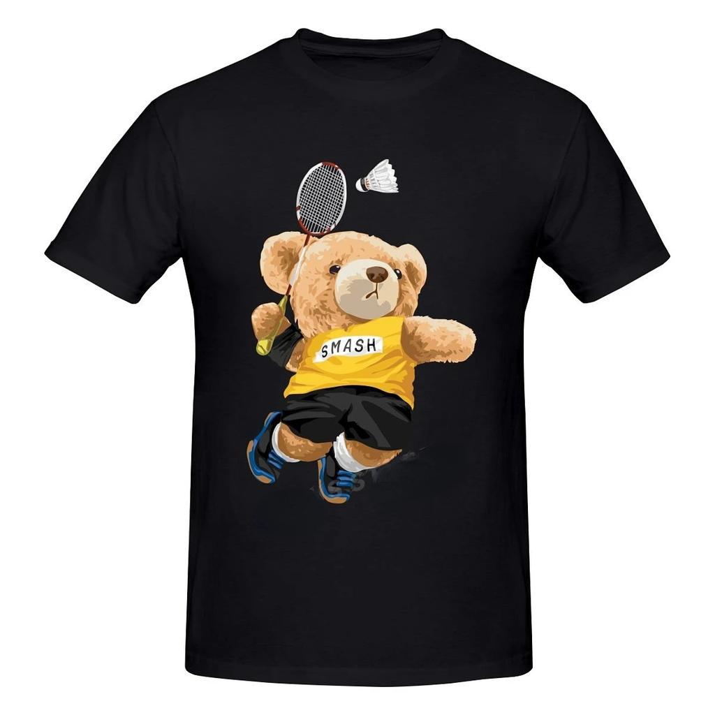 Teddy Bear Playing Badminton Tshirt Exercise Clothing Short Sleeve Tops Graphics Kawaii Unisex Women Short Sleeve Printed Shirt Top
