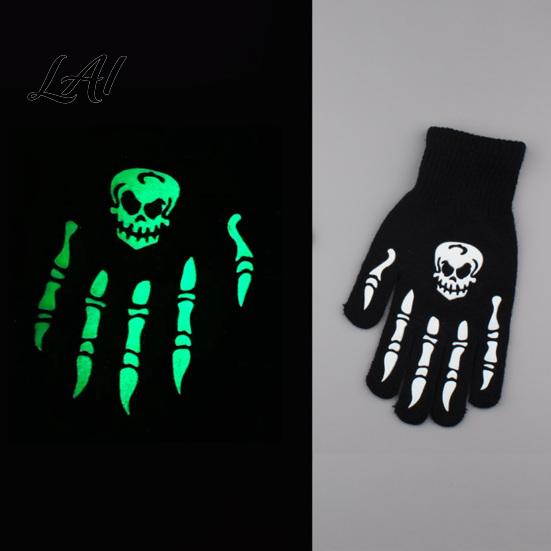 Knitted Horror Cosplay Accessories Halloween Glow‑In‑The‑Dark Skeleton Knit Gloves Luminous Skull Bone Print Costume Atmospheric Photo