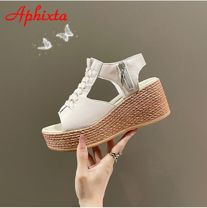 Fashion Aphixta Big Szie 43 Summer 7cm Wedge Heel Sandals Women Peep Toe Metal Zip Platform Shoes Cool Wedges Fashion Slides