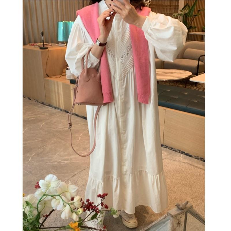 Johnature Fall Korean Pleated Lace Stitching Vintage Simple Lace Stitching Women Dress