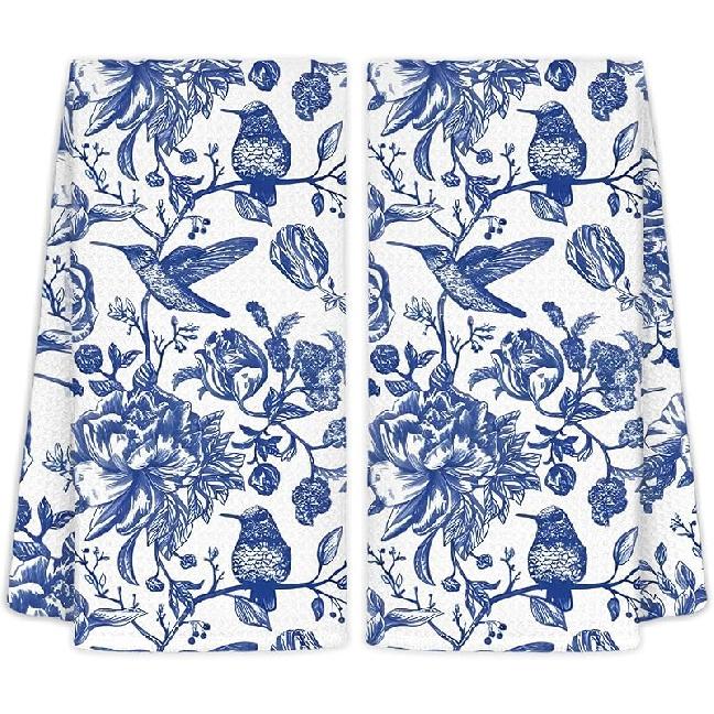 Blue and White Chinoiserie Floral Bird Tea Hand Dish Towels for Kitchen Bathroom, Chinoiserie Decor, Blue Tea Hand Dish Kitchen Towels, 16x24