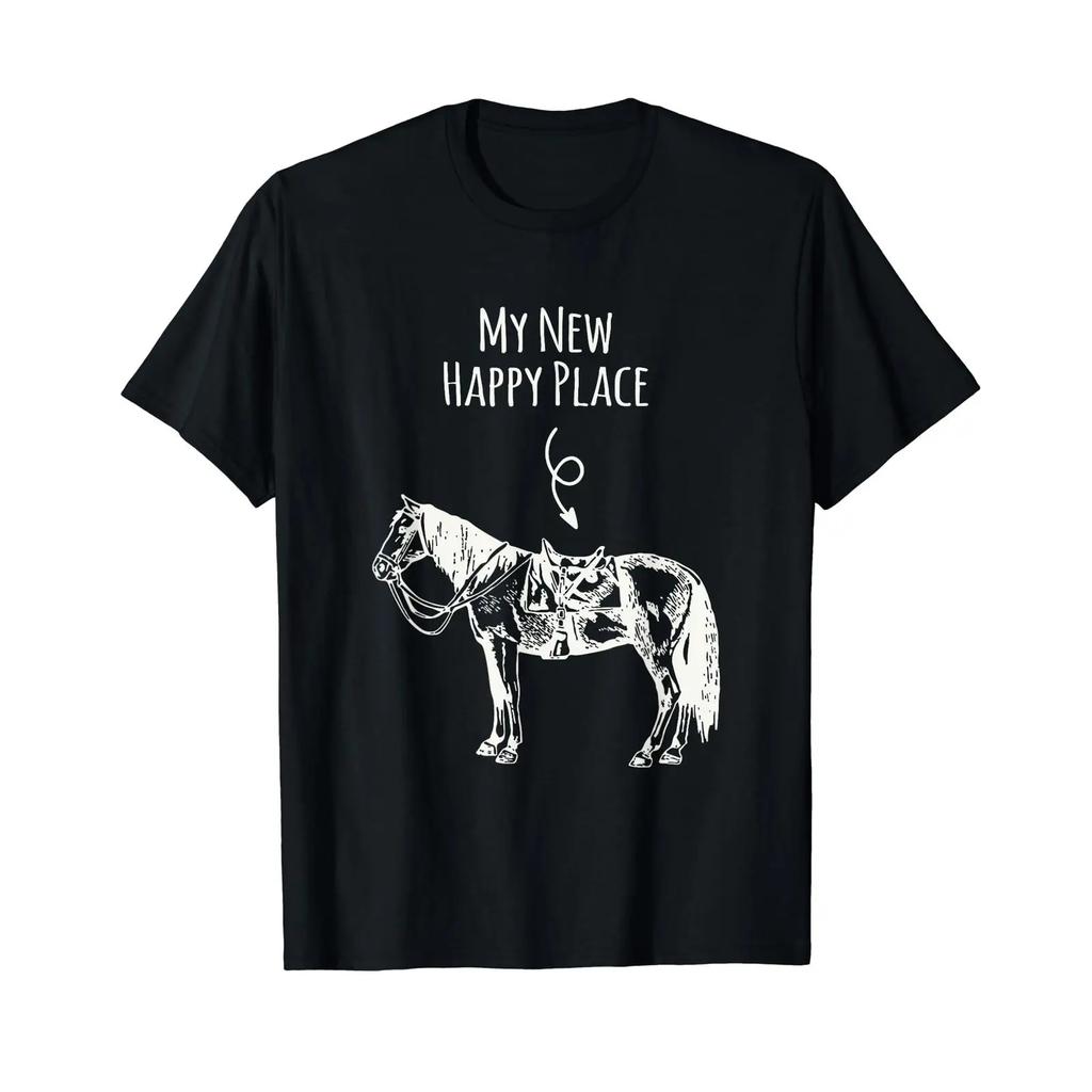 My New Happy Place Horse Lover Equestrian T Shirt Black Vintage Stretched Breathable Graphic Soft Streetwear Unisex