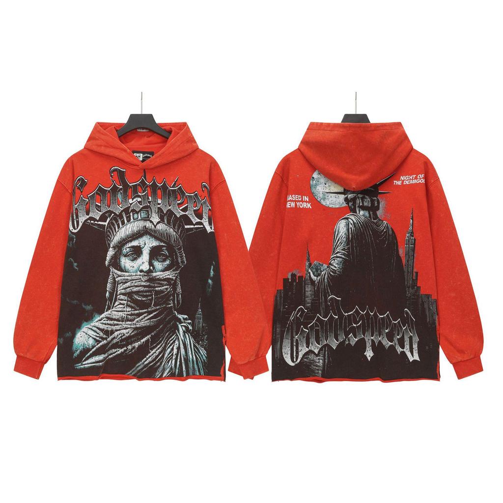 Худи с ретро-принтом 'God Bless America' в стиле рок-стрит, стиранное, повседневное, свободного кроя