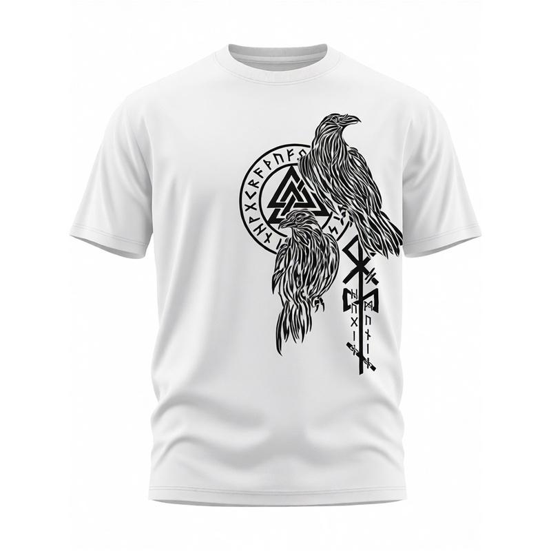 Men's Norse Mythology Viking T-Shirt - Odin Raven Hugin Munin Valknut Rune Design, 100% Cotton Casual Round Neck Short Sleeve Shirt with Viking Rune