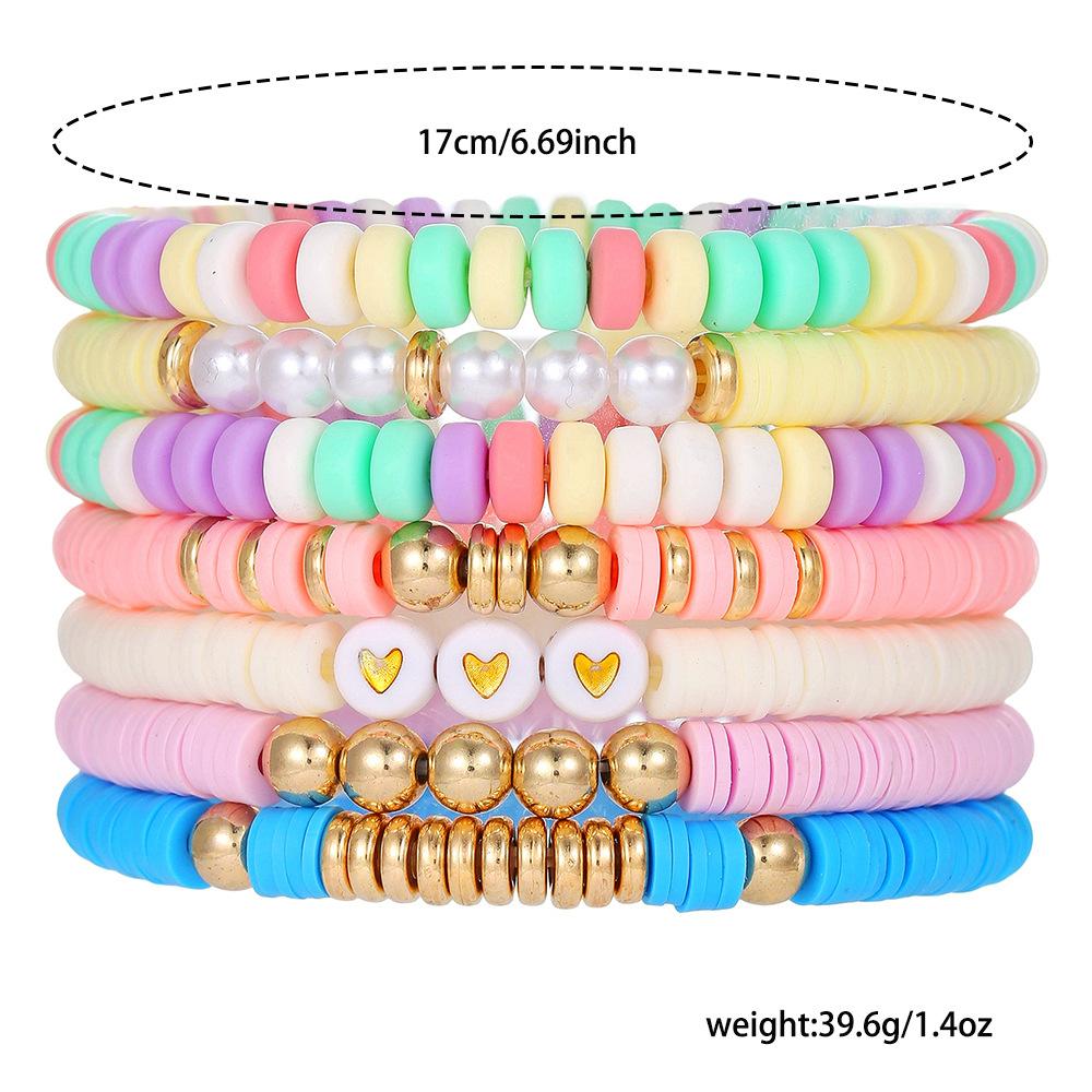 Bohemian color multi-layer soft pottery beaded bracelet, summer beach style versatile love stacked jewelry set