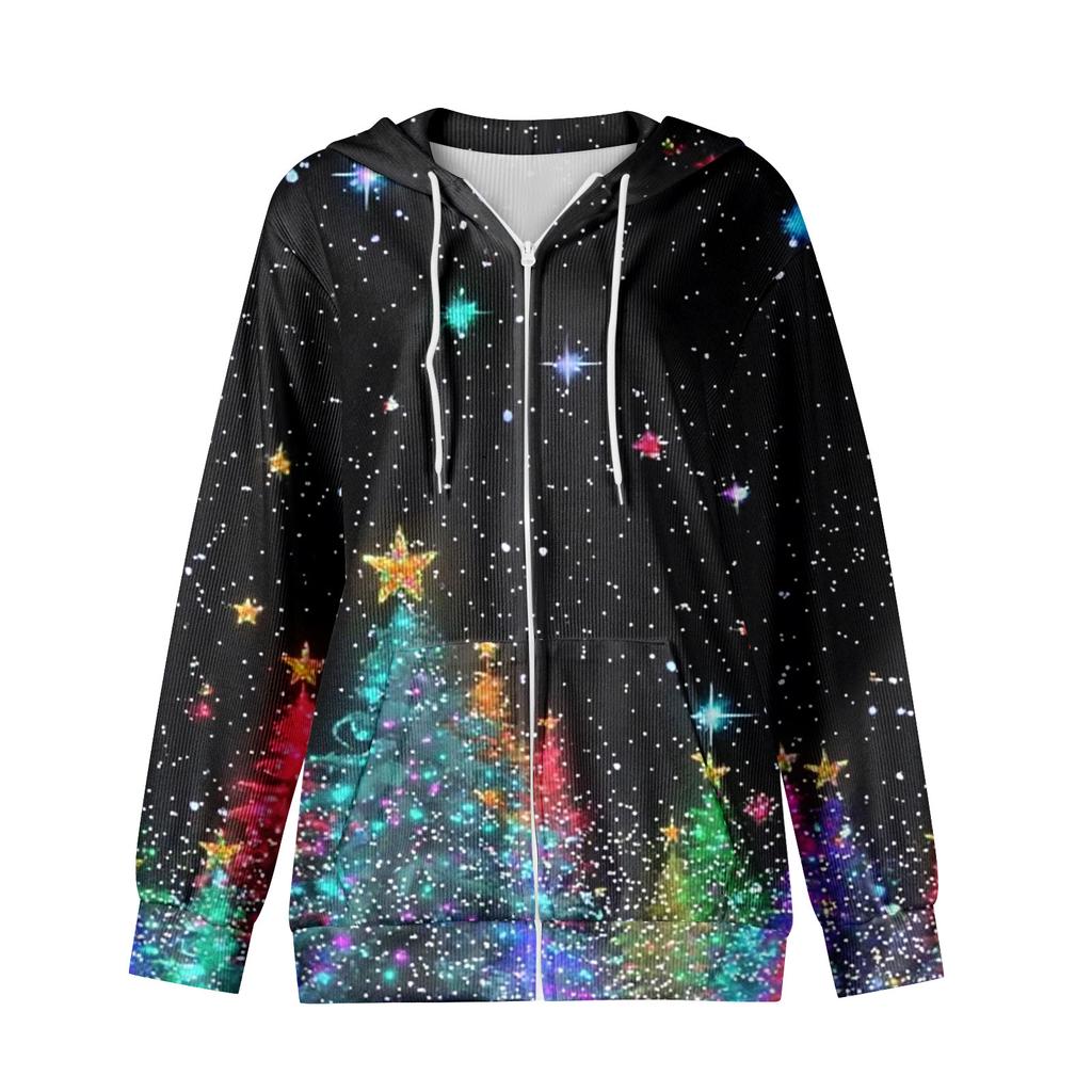 Женская повседневная модная вязаная толстовка с длинными рукавами и застежкой-молнией, с рождественским принтом