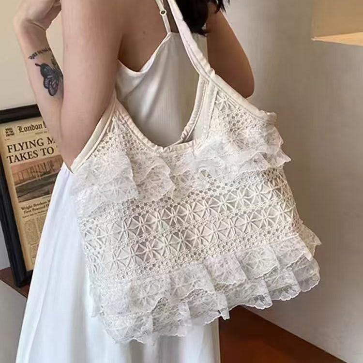 Lace Flowers Women Shoulder Bag Thin Polyester Ladies Shopping Handbags Solid Color Girs Book Bags Casual Female Travel Tote