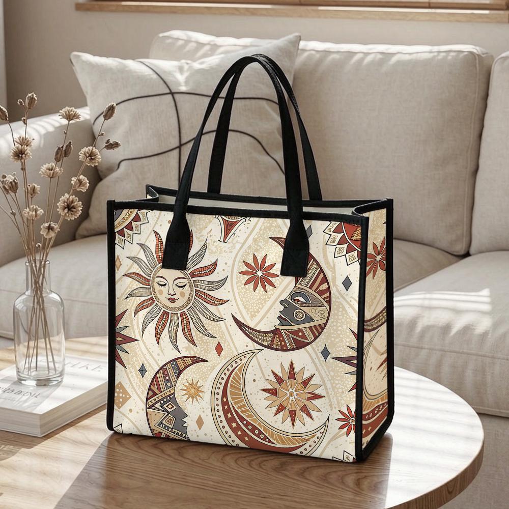 Bohemian Sun Moon Print Tote Bag Large Capacity Casual Daily Shoulder Handbag for Shopping Travel