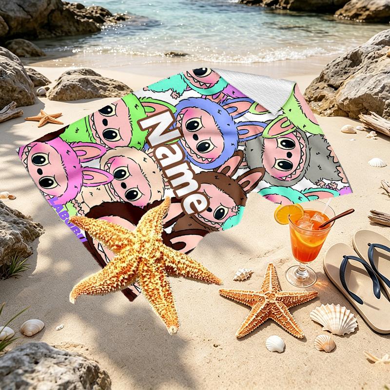 Custom Name Personalized Labubu Print Beach Towel, for Trip Camping Beach Party Home Decor, Birthday Gift for Family & Friends