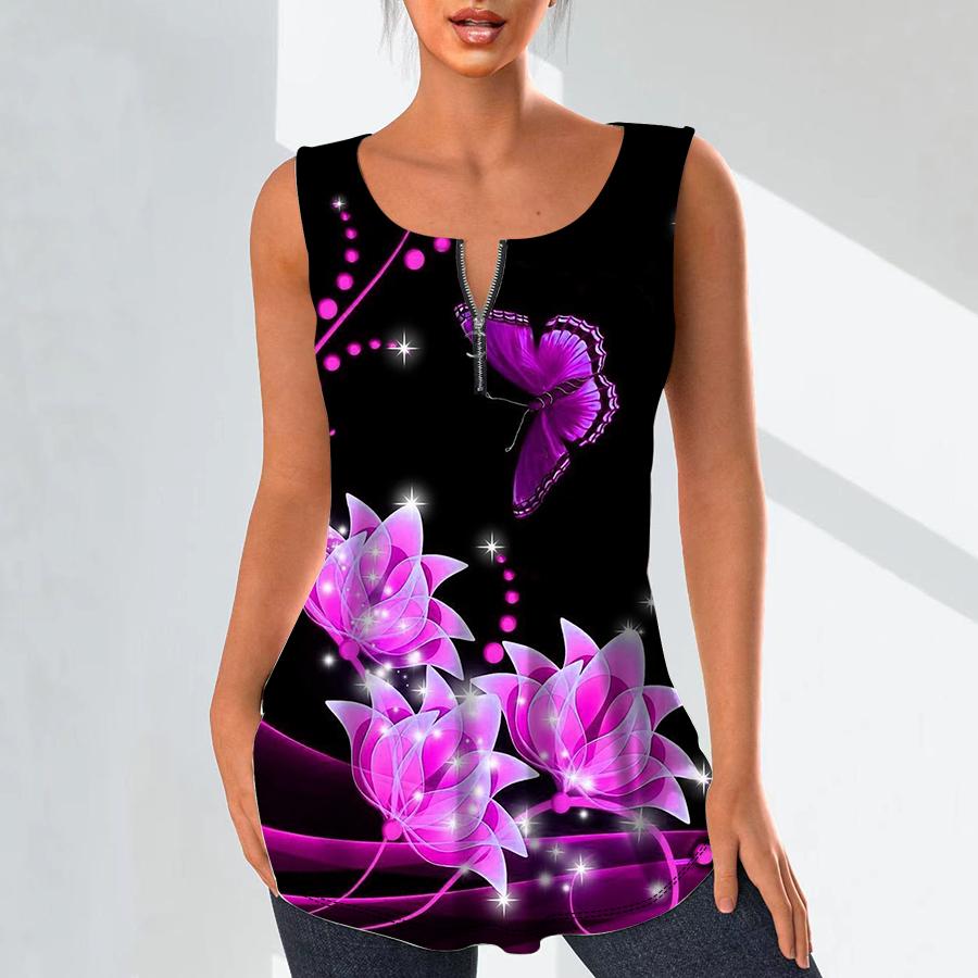 Women's Fashion V Neck Shirts Casual Tops T-shirt Ladies 3D Blue Flowers Print Vest Plus Size Sleeveless Blouse Tank Tops