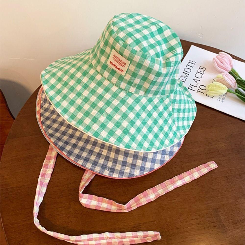 Summer Sunscreen Hat Two-sided Fisherman Caps Korean Plaid Bucket Cap Travel