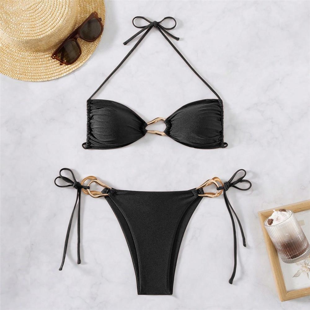 Коричневый блестящий микро-бикини-стринги с завязками на шее, сексуальный купальник для женщин, купальный костюм с металлическим кольцом, 2026, мини-бикини, купальник, комплекты бикини
